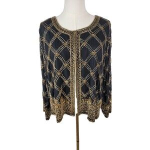 Vintage August Max Woman Plus 2X 100% Silk Black & Gold Jacket Blazer Top Beaded